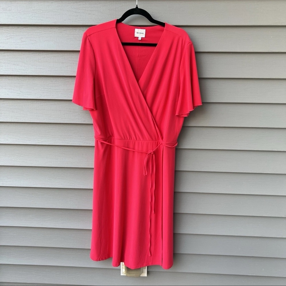 Ashley Graham Faux Wrap Fit & Flare Stretchy Dress XL Size Cherry Red V-Neck